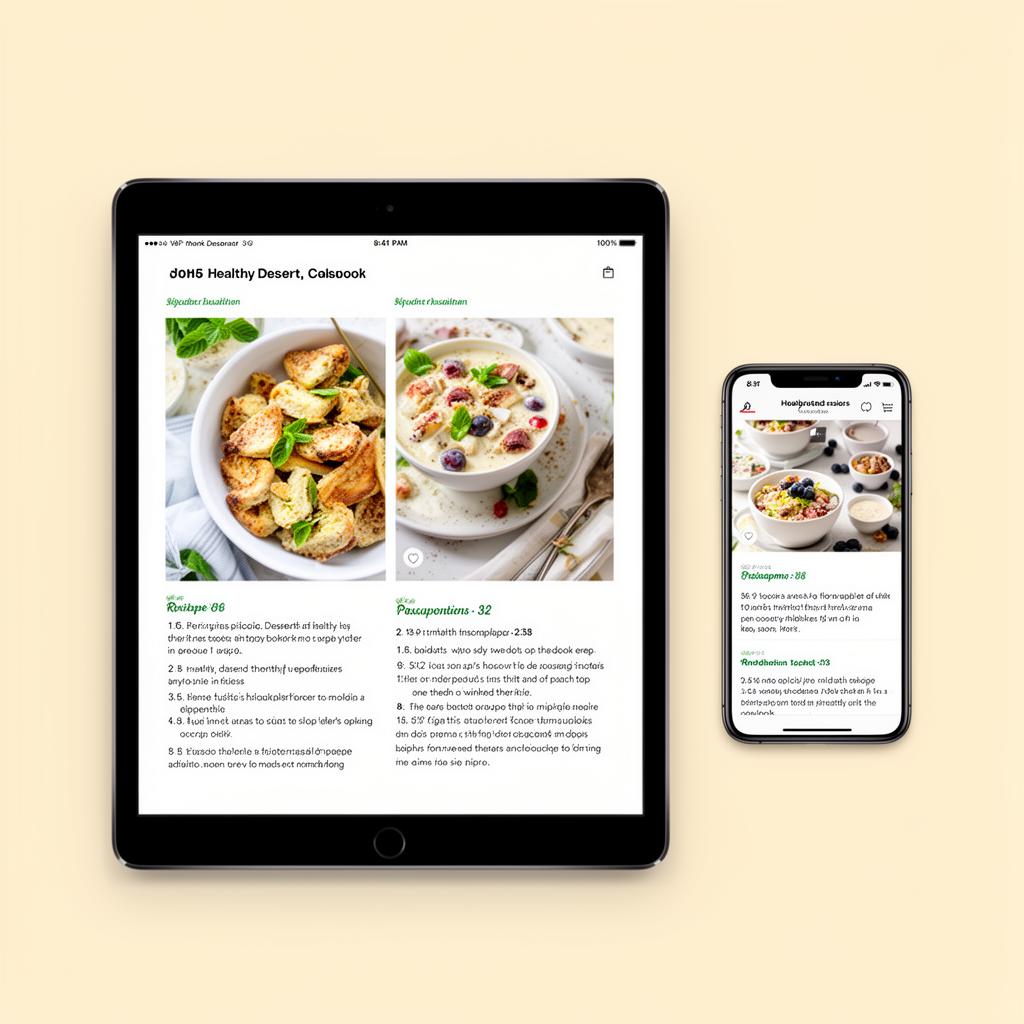 Recetario de postres saludables en iPad y celular