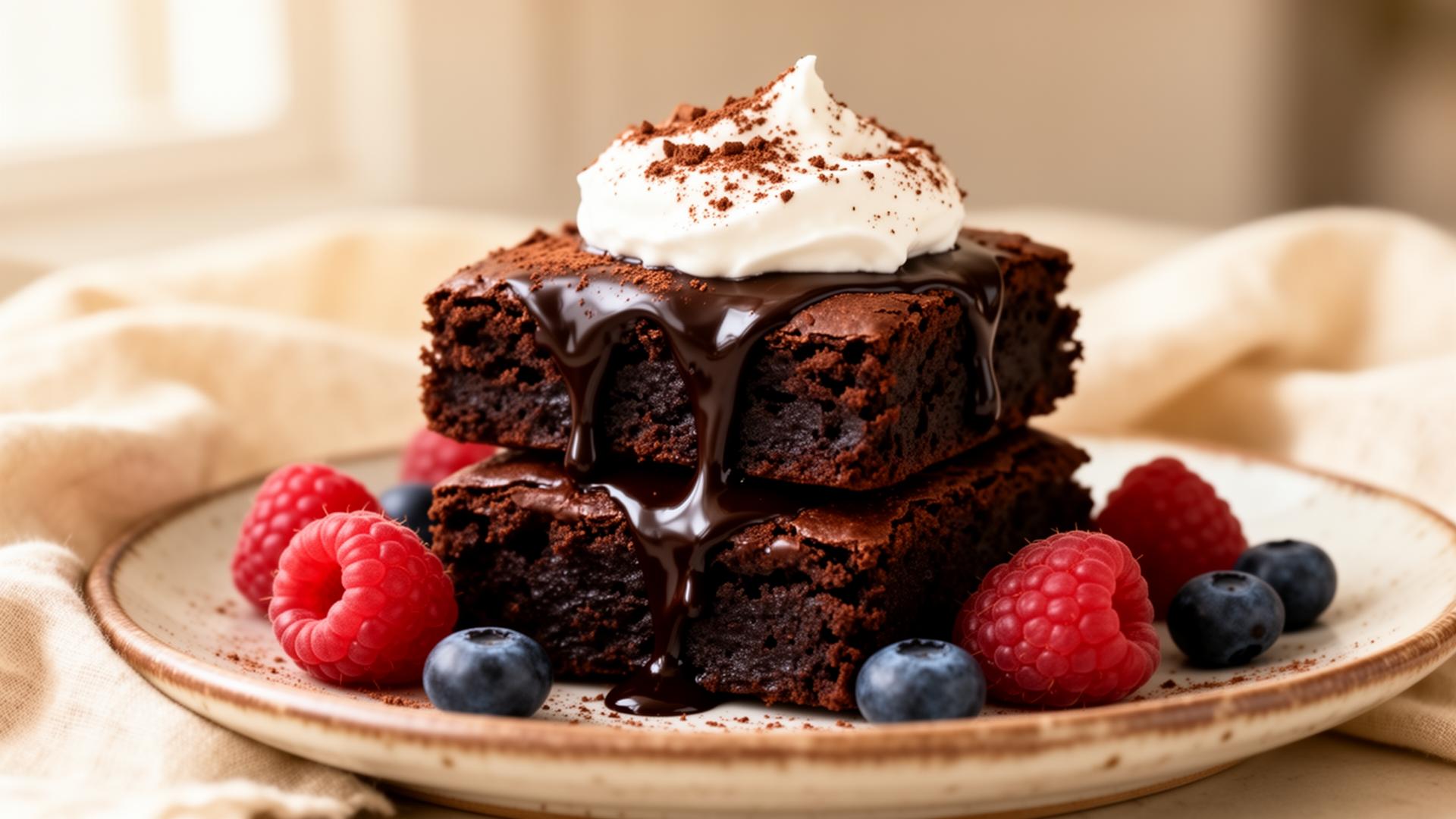 Brownie de chocolate sin azúcar con frutos rojos y crema